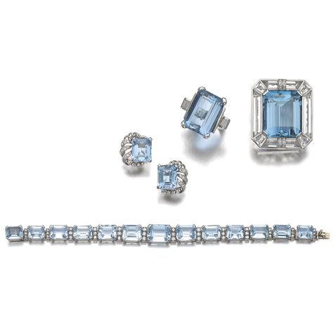 Demi Parure comprising: a clip set at the centre with a step-cut aquamarine, within a border of rock crystal and single-cut diamonds, detachable pendant fitting, signed Gübelin, maker's marks; a ring and a pair of ear clips each set with a step-cut aquamarine and single-cut and baguette diamonds, maker's marks; and a similarly set bracelet Detachable Pendant, Aqua Marina, Tiaras Jewellery, Set Bracelet, Yellow Jewelry, Ear Clips, Baguette Diamonds, Aquamarine Jewelry, Step Cut