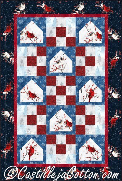 Cardinal Bird Feeders Quilt EPattern by Castilleja Cotton at KayeWood.com. Skill Level: Advanced Beginner Simple bird house block with a nine patch block.  Size: Wall 37" wide by 55" long   Technique: Fusible Applique/Pieced   $10.00 https://www.kayewood.com/shop/c/p/Cardinal-Bird-Feeders-Quilt-EPattern-by-Castilleja-Cotton-x39258369.htm Chevron Quilt Pattern, Wall Quilt Patterns, Quilt Blocks Easy, Fusible Applique, Spring Quilts, Bird Quilt, Cardinal Bird, Microfiber Blanket, Handmade Wall Hanging