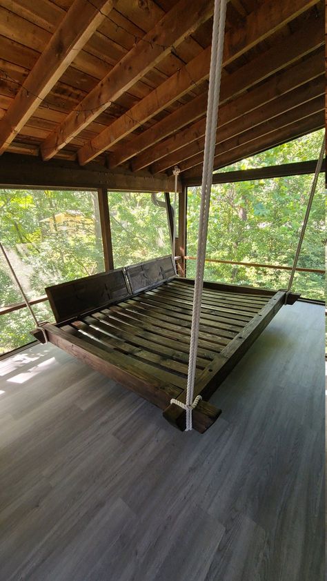 Outdoor Hanging Bed, Hanging Daybed, Bed Hanging, Porch Swing Bed, Hanging Bed, Bed Plans, Bed Swing, Western Homes, Outdoor Decor Backyard