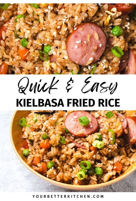 Transform your leftovers into a delicious meal with this Quick and Healthy Kielbasa Fried Rice. With just 9 ingredients, including day-old rice, frozen peas, carrots, and savory kielbasa, this recipe is a breeze to make. Ideal for lunch or dinner, it's packed with flavor and nutrition. The eggs add an extra protein boost, making it a satisfying dish for kids and adults alike. Great for busy nights or feeding a crowd. Dairy Free Kielbasa Recipes, Kielbasa Fried Rice, Kielbasa Recipes Dairy Free, What To Make With Polish Kielbasa, Kielbasa Sausage Recipes Healthy, Kielbasa Stir Fry Recipes, Dinner Ideas With Kielbasa, Kielbasa Rice Recipes, Beef Polska Kielbasa Recipes