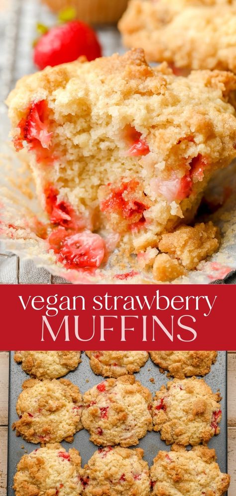 Vegan Strawberry Muffins Vegan Strawberry Dessert, Vegan Strawberry Muffins, Nora Cooks, Vegan Breads, Vegan Pudding, Peach Kitchen, Simple Baking, Strawberry Breakfast, Strawberry Bread