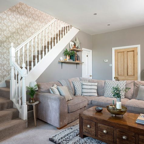 Have a look around this calm and cosy terraced home in Durham | Ideal Home Staircase In Living Room, Cosy Decor, Cosy Lounge, Small Lounge, Stairs In Living Room, Living Room Setup, Cosy Living, Real Homes, Cottage Living Rooms