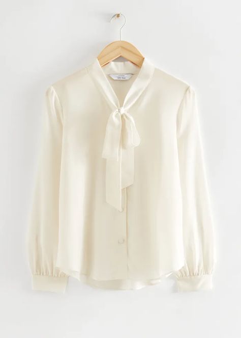 Lavallière-Neck Bow Silk Blouse - White - Blouses - & Other Stories US White Flowy Blouse, Applique Blouse, White Silk Blouse, Corset Blouse, Mock Neck Blouse, Neck Bow, Balloon Sleeve Blouse, Chic Blouses, Women's Blouses