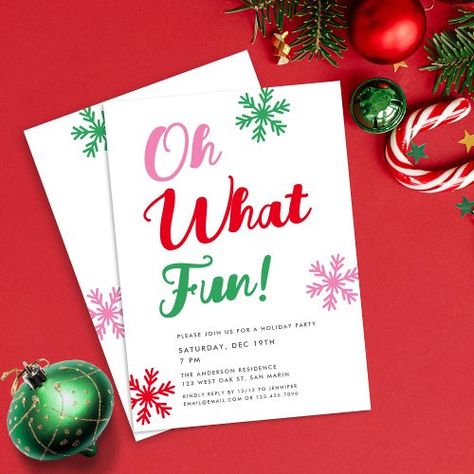 $1.84 | Oh What Fun! Modern Festive Script Christmas Party #modern, colorful, script, minimalist, snowflakes, oh what fun, simple, holiday party invitation cards, christmas party, red Retro Invitation, Fun Invitation, Fun Invitations, Oh What Fun, Christmas Party Invitation, Calligraphy Script, Holiday Party Invitations, Office Holiday, Christmas Party Invitations