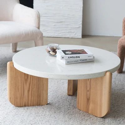 Primitive Coffee Table, Terrazzo And Wood, Wood Round Coffee Table, White Coffee Table Modern, Modern Terrazzo, Terrazzo Table, Scandinavian Coffee Table, Contemporary Shapes, House Main Door Design