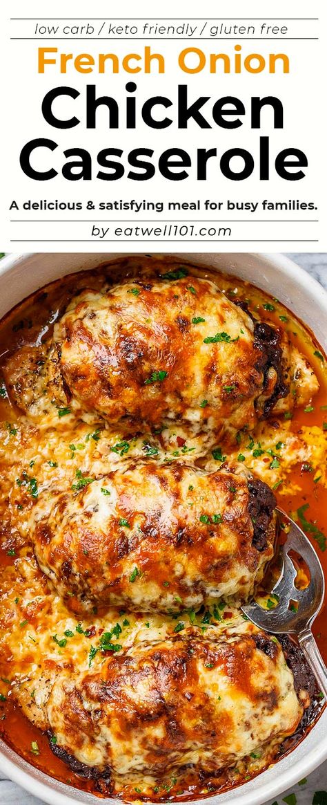 French Onion Chicken Casserole - #chicken #recipe #eatwell101 - This chicken casserole makes a delicious and satisfying everyday meal for busy families. #keto #lowcarb - #recipe by #eatwell101 French Onion Stuffed Chicken, French Onion Chicken Casserole, Onion Chicken Casserole, French Onion Chicken, Onion Chicken, Stuffed Chicken, Chicken Recipes Casserole, Chicken Crockpot Recipes, French Onion