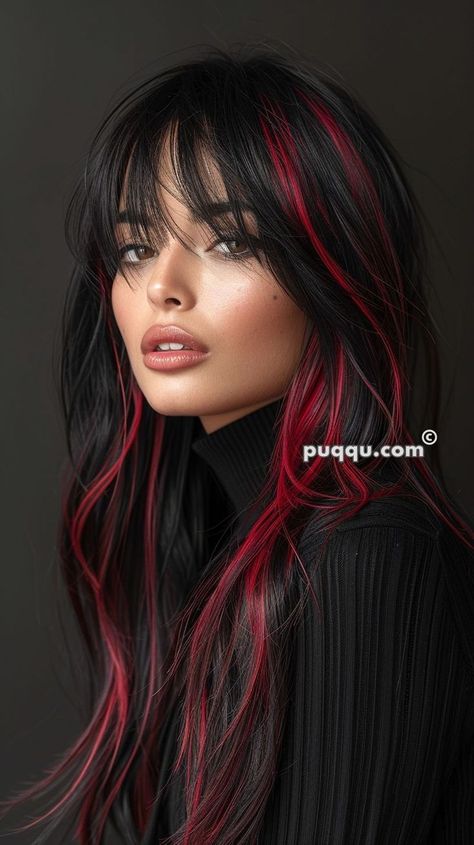 Black Hair With Red Highlights, Maquillage Goth, Cinnamon Hair Colors, Edgy Vibes, Cinnamon Hair, Black Red Hair, Orange Highlights, Red Balayage, Peekaboo Hair