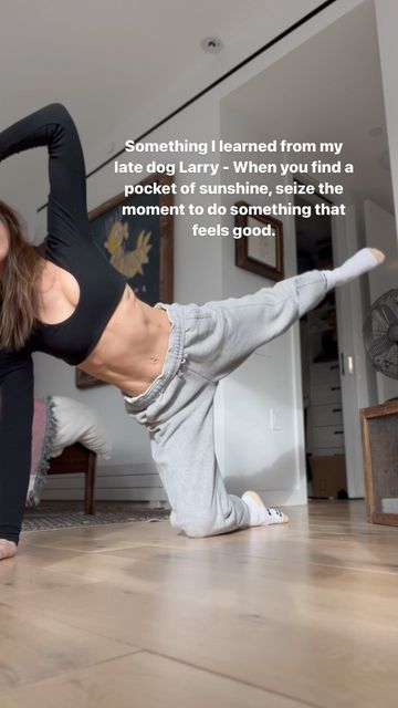 Lia Bartha on Instagram: "I think of him every single time the sun comes out and casts a warm spot on the floor. It’s a reminder to pause and enjoy ☀️ #bthemethod #sunshine #sun #movement #feelgood #feelgoodtoday #seizetheday #seizethemoment #reels #reelsinstagram #lowimpactmovement #lowimpactworkout #pilates #larrydavid #homeworkout #athomeworkout #fitness #fitnessmotivation" Lia Bartha Pilates, Lia Bartha, Sun Movement, Ig Grid, Larry David, Low Impact Workout, On The Floor, Spot On, Coming Out