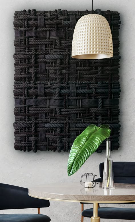 Woven Interior Design, Interesting Wall Art, Rope Decoration Ideas, Fabric Panels On Wall, Black Panel Wall, Fabric On Wall, Rope Art Wall, Black Ceilings, Rope Wall Decor