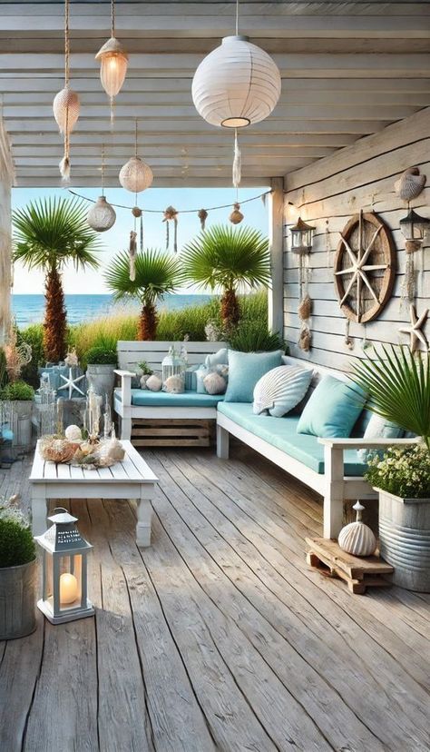 Transform your space with coastal chic decorating ideas! Explore 21 tips to create a stylish and serene beach-inspired home.
---
A coastal garden with white wooden furniture, light blue cushions, and nautical-themed decor. The garden features a wooden deck with potted palm plants, a driftwood bench, and seashell wind chimes. There are lanterns for evening lighting and a small table with a seashell centerpiece. The space is relaxing and offers a beautiful view of the ocean. Outside Beach Decor Patio, Beach Theme Porch Ideas, Office Fall Decorations, Office Fall Decorations Ideas, Beach Theme House, White Wooden Furniture, Coastal Sunroom, Beach Theme Backyard, Driftwood Bench