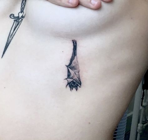 Bat And Butterfly Tattoo, Aesthetic Bat Tattoo, Vampiric Tattoos, Cool Bat Tattoos, Minimalist Gothic Tattoo, Vampire Goth Tattoo, Tiny Vampire Tattoo, Bat Hanging Tattoo, Little Bats Tattoo