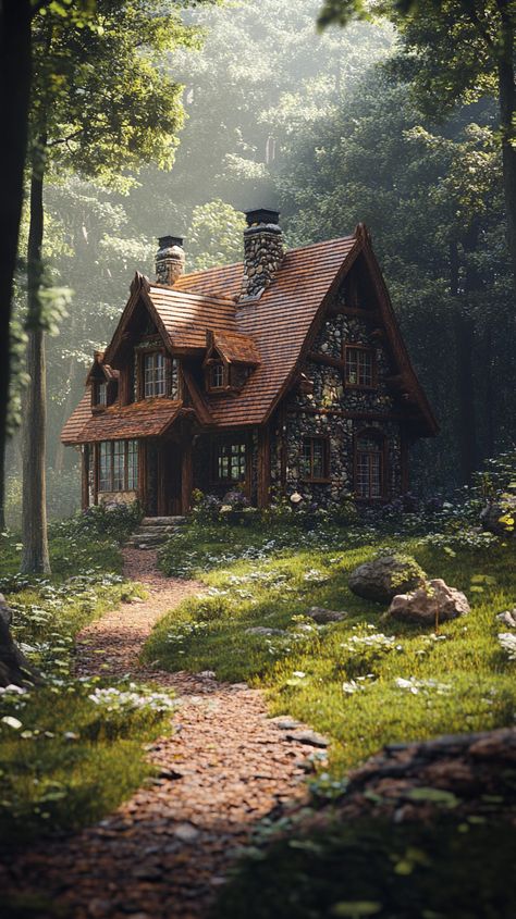 A cozy home nestled in enchanting woodland. Fairytale Cottage Exterior, Homes In The Forest, Cozy Cottage In The Woods, Forest Living, Forest Homes, Living In Harmony, Cabin Rustic, Fairytale House, Log Cabin Rustic