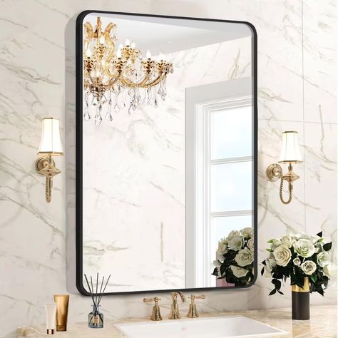 PRICES MAY VARY. 【After-sales service】:If the black bathroom mirror is broken when the product arrives, please feel free to contact us and we will provide a full refund or free replacement for the mirror that is damaged on arrival, and you do not need to return the damaged mirror. 【Decorative】: Size:16x24in. adopts classic rounded corners to make the brushed black mirror more three-dimensional. Bathrooms are often devoid of paintings and other types of art, so a gorgeous mirror is a great way to Home Gym Mirrors, Black Bathroom Mirror, Mirror Dining Room, Framed Mirrors, Mirror Installation, Mirror Wall Bedroom, Over Sink, Modern Wall Mirror, Metal Frame Mirror