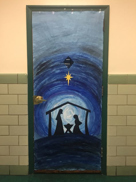 Classroom door decoration- Nativity scene Christian Classroom Door Decorations For Christmas, Nativity Door Decorations For School, Nativity Scene Door Decorating Contest, Manger Scene Door Decoration, Nativity Scene Classroom Door, Nativity Scene Door Decorating, Christian Christmas Door, Nativity Door Decorations, Nativity Classroom Door