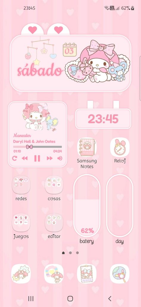 Soft Pink Phone Theme, My Melody Phone Theme, Kawaii Phone Layout, Coquette Wallpaper, Pink Wallpaper Hello Kitty, My Melody Wallpaper, Hello Kitty Themes, Phone Inspo, Phone Layout