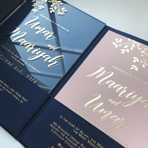 Perspex, gold, navy, pink Perspex Wedding Invitations, Acrylic Sheets, Navy Pink, Islamic Quotes, Unique Style, Bespoke, Wedding Inspiration, Wedding Invitations, Custom Design