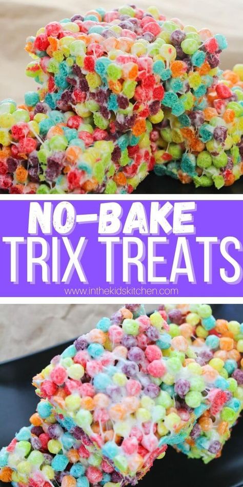 Trix Marshmallow Squares - like Rice Krispie Treats, but colorful & fruity! An easy no-bake dessert that kids will love! Mini Trix Rice Crispy Treats, Fruity Rice Krispie Treats, Trix Marshmallow Treats, Trix Krispie Treats, Tie Dye Party Snacks, Trix Rice Crispy Treats, Hippy Food Party, Hippie Food Ideas, Trix Treats