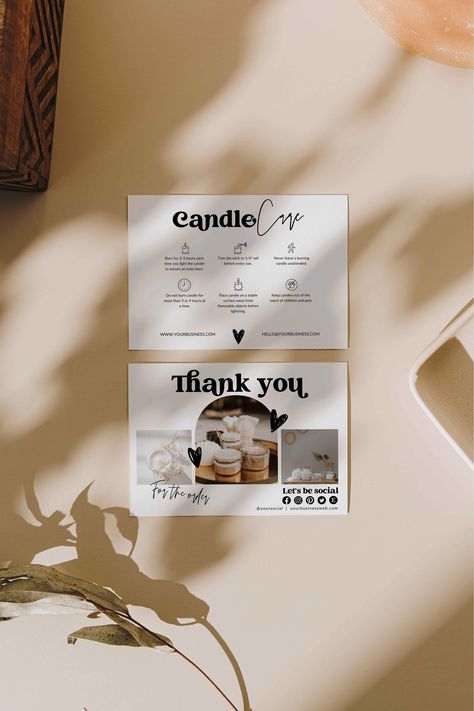 Packaging Velas, Soy Candles Packaging, Candle Care Card, Stationary Business, Catalog Design Layout, Branding Portfolio, Card Packaging, Thank You Card Design, Candle Care