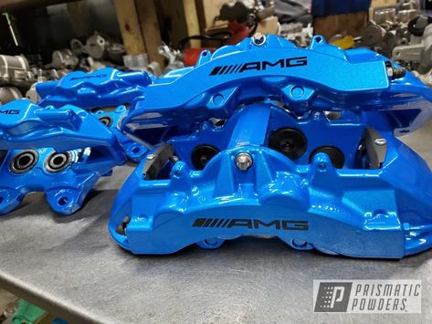 AMG Brake Calipers coated in a Blue Prismatic Powders finish. Prismatic Powders is a specialty coatings manufacturer offering a large color selection and diverse project gallery. Painted Calipers, Blue Car Accessories, Caliper Paint, Mercedes W203, Dream Vehicles, Mitsubishi Colt, Car Wheels Rims, Automotive Engineering, Mitsubishi Evo