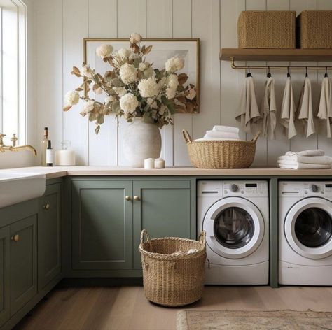 Laundry Room Wooden Cabinets, Blank Wall In Laundry Room, Boho Farmhouse Mudroom, Cottage Kitchen And Dining Room, Laundry Room Design Sage Green, Green And Cream Laundry Room, Laundry Room Ideas Green Cabinets, Nordic Laundry Room, Soft Home Aesthetic