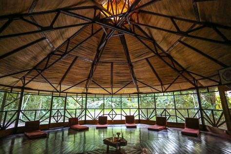 Holistic Center, Landscape Stairs, Yoga Shala, Exposed Ceilings, Meditation Studio, Yoga Studio Design, Bamboo Structure, Meditation Retreat, Water Projects