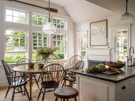 Designing Close to Home - Decor Maine Cape Kitchen, New England Kitchen, Room Off Kitchen, Cozy Kitchens, New England Farmhouse, Staging Ideas, Eating Area, Dark Wood Cabinets, Shaker Furniture