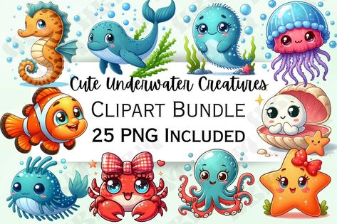 Free download with code: DIGI1S https://digi1s.com/downloads/cute-underwater-creatures-clipart/ Cartoon Underwater, Underwater Cartoon, Seashell Frame, Kawaii Pig, Underwater Creatures, Dinosaur Background, Beach Wedding Decorations, Art Deco Patterns, Kawaii Chibi