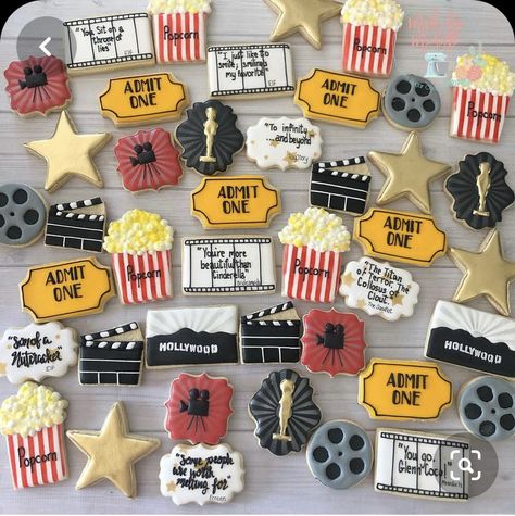 Hollywood Bridal Shower Ideas, Movie Party Cookies, Movie Night Cookies Decorated, Decorated Cookie Themes, Hollywood Theme Cookies, Movie Theme Cookies, Movie Themed Graduation Party, Movie Theme Baby Shower Ideas, Movie Themed Bridal Shower Ideas