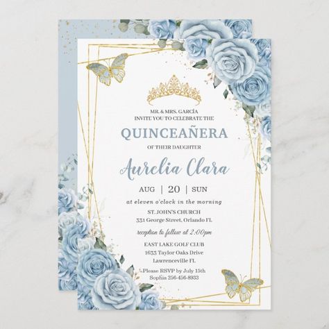 Winter Sweet 16, Blue Quinceanera Theme, Baby Blue Flowers, Blue Sweet 16, Quinceañera Invitation, Quince Invitations, Butterfly Invitations, Sweet 16 Decorations, Blue Invitation