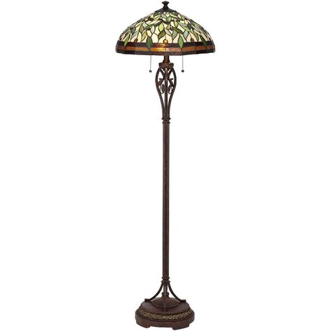 This brilliant Tiffany-style floor lamp features a hand-crafted leaf pattern and accents of amber cabachons. The base is finished in bronze and accented with brushed gold. Double pull chain switches allow for easy lighting control. Perfect for adding warmth and ambient light to your home. Gender: unisex. Green Stained Glass Lamp, Gold Floor Lamp Living Rooms, Witchy Floor Lamp, Craftsman Style Floor Lamps, Dark Academia Floor Lamp, Floor Lamp Aesthetic, Vintage Standing Lamp, Dark Academia Lamp, Tiffany Lamps Decor