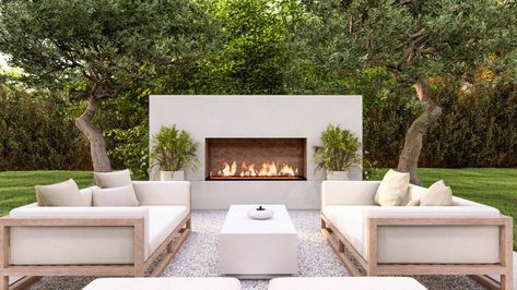 Yardzen: The Leading Online Landscape Design Service Tulum Inspired Backyard, Backyard Fireplace Ideas, Backyard Dining Area, Modern Outdoor Fireplace, Fireplace Patio, Floor Marble, Online Landscape Design, California Room, Yard Inspiration