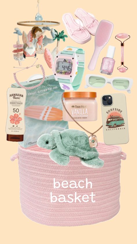 Beach gift basket inspo! 🐚 #almostsummer #summer #jellycat #pink #mint #surf #beach #giftideas #basket #beachbasket #soft #jewelry Beach Gift Basket, Summer Gift Baskets, Girly Christmas Gifts, Soft Jewelry, Preppy Gifts, Beach Basket, Birthday Basket, Cute Birthday Ideas, Cute Gifts For Friends