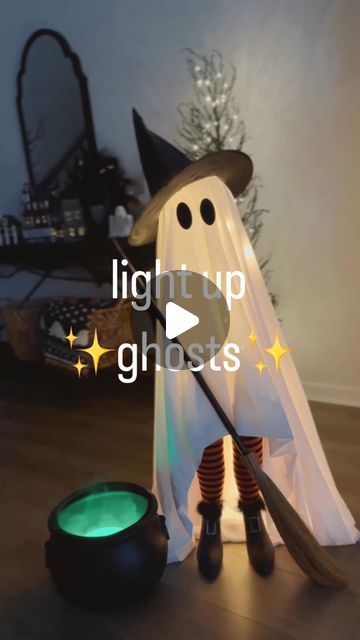 Elaina Zinke on Instagram: "Comment BOO to get links to these Amazon light up ghost kits and accessories I used to create these 3 variations! (Also links to my Halloween decor in the background)! 👻  **Also linked in my Amazon Storefront (in my bio) under “Light Up Ghosts”👻  #lightupghost #halloweendecor #halloweendiy #halloween #tomatocageghost #ghostwitch #girlwitch #halloweenfun #amazonfinds #getreadyforhalloween" Diy Light Up Halloween Decor, Halloween Exterior Lights, Light Up Ghost Decoration Diy, Diy Light Up Ghosts, Haloween Decoracion Diy, Ghost Accessories, Ghost Halloween Decorations, Light Up Halloween Costumes, Ghost Background