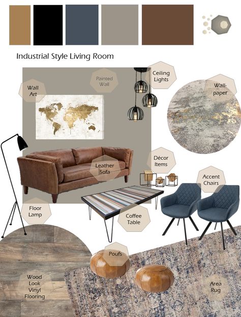 Grey And Tan Home Decor, Blue Tan And Black Living Room, Gray Blue Black Gold Living Room, Blue Grey Black Gold Living Room, Blue Tan Grey Living Room, Black Grey Tan Bedroom, Dark Grey Couch Living Room Mood Board, Black Gold Blue Living Room, Grey Tan Black Living Room