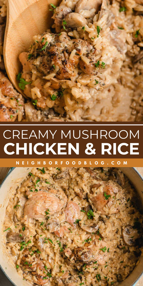 Creamy Mushroom Chicken and Rice is an easy one pot meal with layers of rich flavor. This is the ultimate comfort food recipe for cold and dreary days! Creamy Chicken Mushroom Wild Rice, Creamy Mushroom Chicken And Wild Rice, One Pot Mushroom Chicken And Rice, Mushroom Chicken Over Rice, One Pot Chicken Mushroom Rice, Chicken And Rice Recipes Mushroom Soup, Cream Of Mushroom And Rice Recipes, Mushroom Recipes Chicken, Tasty One Pot Meals