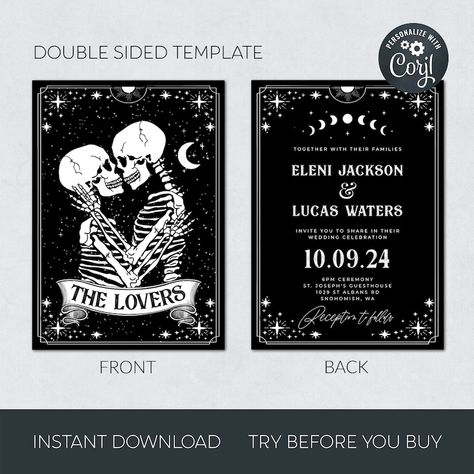 Tarot Card Wedding Invitation Template Printable Gothic - Etsy UK Tarot Wedding Invitations, Tarot Card Wedding Invitation, Tarot Card Wedding, Card Wedding Invitation, Gothic Halloween, Card Wedding, Printable Wedding Invitations, Halloween Wedding, Change Text