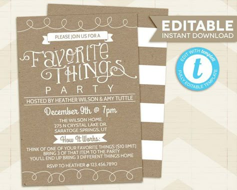 Favorite Things Bridal Shower Theme, Favorite Things Invitation, My Favorite Things Party Invitation, Favourite Things Party, Favorite Things Party Invitation, My Favorite Things Party, Flannel Party, Sports Birthday Invitations, Progressive Dinner