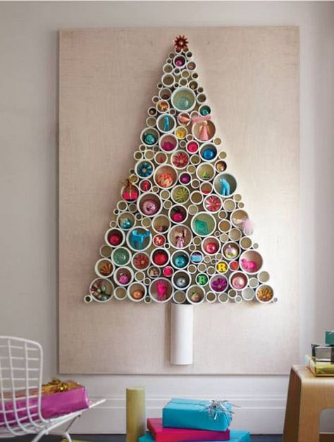 8 Unique Christmas Trees for the Adventurous at Heart - Twelve Days of Christmas Modern Jul, Diy Christmas Wall, Diy Jul, Creative Christmas Trees, Alternative Christmas, Modern Christmas Tree, Alternative Christmas Tree, Unique Christmas Trees, Christmas Wall Art