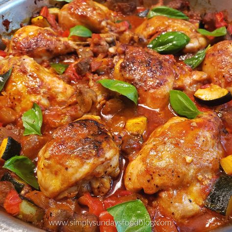 Ratatouille Chicken - Simply Sundays Chicken Ratatouille Recipe, Chicken Ratatouille, Chicken Scarpariello, Ratatouille Recipe, Recipe Using Chicken, Summer Produce, Dark Meat, French Dishes, Braised Chicken