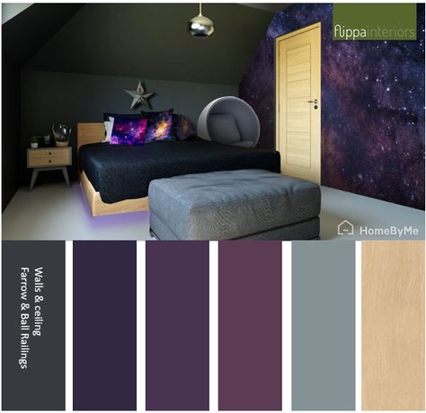 Black Grey Purple Bedroom, Purple And Grey Palette, Purple Grey Black Color Palette, Boys Purple Bedroom, Navy And Purple Bedroom, Purple Boys Room, Dark Purple Room Ideas Bedrooms, Black And Purple Bedroom Ideas, Purple And Blue Bedroom