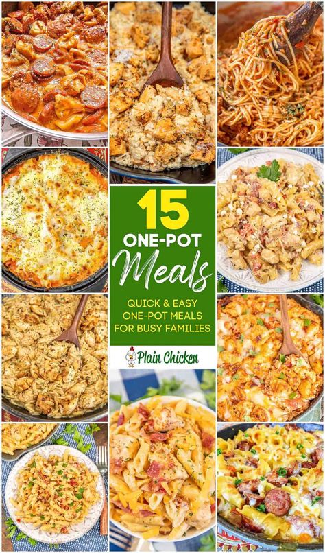 Easy One-Pot Meals - 15 easy one-pot dinners! All of the recipes are made in one skillet or one pot AND they are all ready in about 30 minutes. Can I get a high-five?! A quick, easy, and delicious meal with easy cleanup. YASSS! These recipes are just as quick as the drive-thru and are piping hot when you sit down to eat! Whip up a simple salad and some rolls and you are set! Plain Chicken Recipe, Dinner Casserole Recipes, Pot Dinners, One Pot Dinners, Simple Salad, Plain Chicken, One Skillet, Easy One Pot Meals, One Pot Dinner