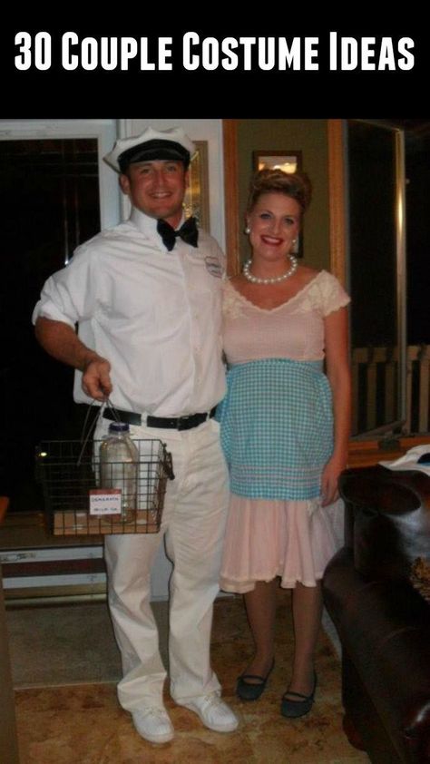 Milkman and Pregnant 50�s Housewife Couple Costume - Click for 30 more costume ideas for couples! #halloween #costume #couplecostume #costumeidea #milkman Pregnant Housewife, Housewife Costume, Aladdin Halloween, Nerd Costumes, 50s Costume, Fall Family Fun, Vampire Costumes, 70s Costume, Costume Ideas For Couples