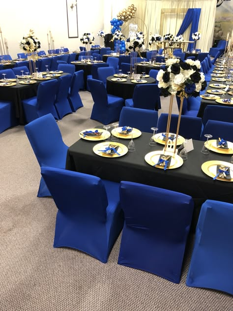 Black Royal Blue And Silver Party, Black And Blue Table Setting, Auction Theme Ideas, 60th Wedding Anniversary Decorations, Black And Silver Wedding, Royal Blue Wedding Theme, Black Party Decorations, Blue Table Settings, 80th Birthday Decorations