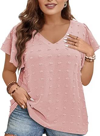 Womens Plus Size Blouse Dressy V Neck Cute Ruffle Short Sleeve Casual Summer Tops Flowy Pom Tshirts Plus Size Blouse, Casual Summer Tops, Ruffle Shorts, Plus Size Blouses, Summer Tops, Blouses For Women, Button Down Shirt, Pom Pom, Blouses