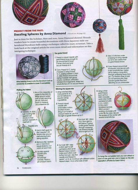 Temari Balls (Threads magazine)                                                                                                                                                                                 More Temari Patterns, Temari Balls, Threads Magazine, Fabric Balls, Quilted Ornaments, Quilted Christmas Ornaments, Styrofoam Ball, Japanese Embroidery, Fabric Ornaments