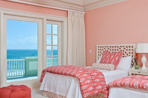 Move away from bright pinks and give coral walls a shot this summer Pink Paint Colors Sherwin Williams, Bright Blue Bedrooms, Coral Bedroom, Murs Roses, Wall Color Combination, Pink Paint Colors, Contemporary Bedroom Design, Coral Walls, Bedroom Orange