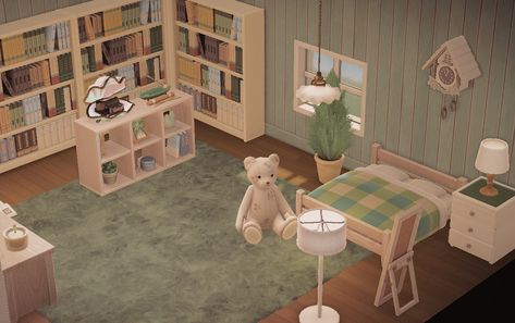 Cute Green Bedroom, Bedroom With Bookshelves, Acnh Bedroom, Bookshelves In Bedroom, Green Bedroom, Bedroom Green, Animal Crossing, Shag Rug, Bookshelves