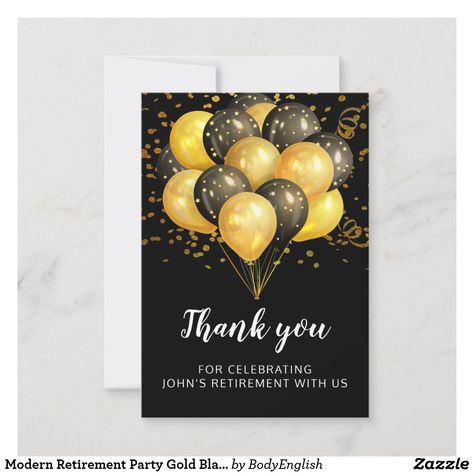 Retirement Party Ideas Black And Gold, Rose Gold And Black Retirement Party, Black Gold Retirement Party, Gold And Black Balloons, Retirement Banner Zazzle, Black And Gold 40th Birthday Invitations, Retirement Party Gifts, Glitter Balloons, Thank You Card Size