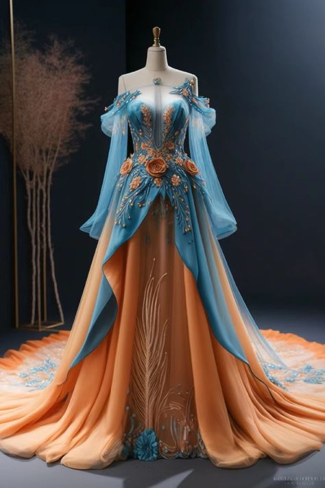 Unique Colored Wedding Dresses, Blue And Orange Dress, Phoenix Dress, Glamouröse Outfits, Fairytale Gown, Fantasy Dresses, Dress Design Sketches, Coron, Fantasy Gowns