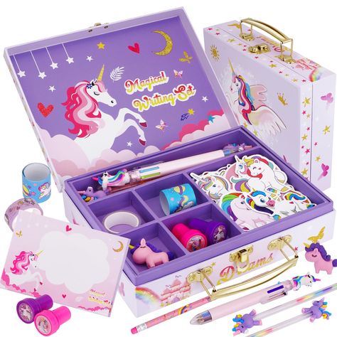 PRICES MAY VARY. 🦄Magic Unicorn Storage Box: This cute stationery set comes in a pretty suitcase with compartments, making it easy for little girls to find what they need. The upper layer with compartments and lower storage helps them keep everything neatly in boxes so it doesn't spill all over the room. Suitable for young writers, creators or memory collectors. 🌈Unicorn Stationery Set for Kids: The set includes 30 Sheets Stationery A5 Paper, 20 Envelopes, 50 Unicorn Stickers, 2 Sealing Sticke Unicorn Stationary Set, Pretty Suitcase, Unicorn Stationery, Unicorn Stationary, Unicorn School Supplies, Multi Color Pen, Unicorn Fairy, Unicorn Phone Case, Unicorn Craft